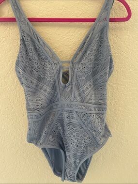 BECCA Dusty Blue Crochet Lace One-Piece Swimsuit